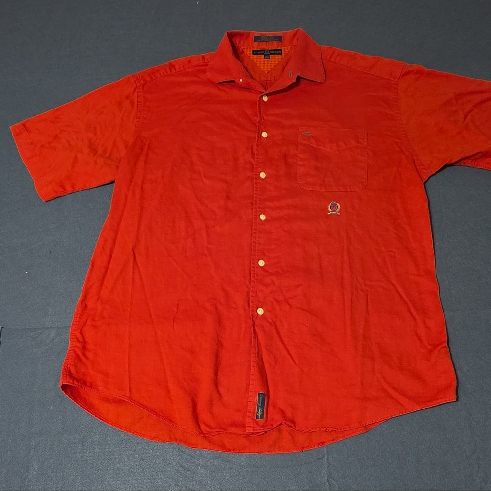 Tommy Hilfiger Men's Red Solid Short Sleeve Button-Up Shirt Cotton XL